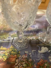 Antique EAPG Indiana Glass Daisy & Button Narcissus Goblets Hex Foot Set 5 c1910