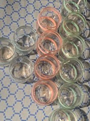 Vintage 13 Piece 3″ Glass Set Gold Green Pink Blue Stripes Clear Lowball Glass