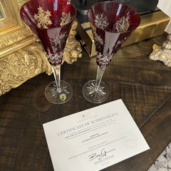 Estate of Susan Lucci Pair of Waterford Ruby Champagne Snowflake Wishes Glasses