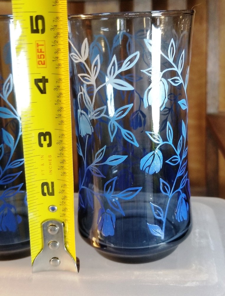 Mid-Century Modern Glasses Libbey Blue Flowers Set x8 Stunning Ombre Bolero 12oz