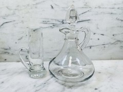 Vintage Etched Glass Cruet with Stopper and Small Footed Juice Glass Set