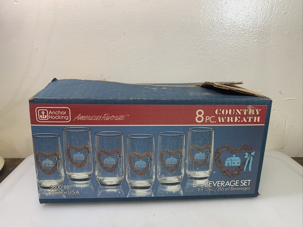 Set/8 12oz VTG Anchor Hocking Drinking Glasses COUNTRY Wreath 1988 Blue Barn