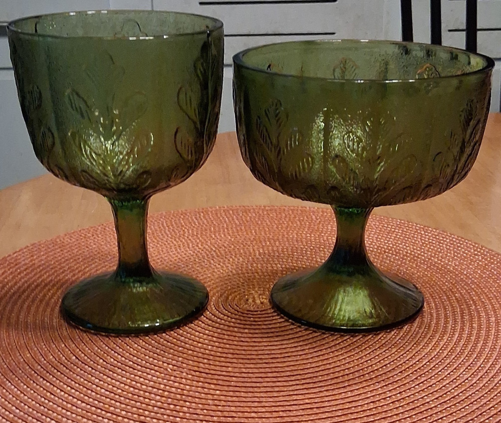 FTD Green Leaf Textured Glass 1975 Goblet and 1978 Bowl