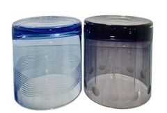 Mid-Century Mod Crystal Whiskey Tumbler Glasses Etched Design 4″ T Blue Purple