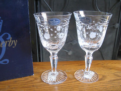 Set of 2 Royal Crown Derby Crystal 7 1/8″ Floral Acid Etched Water Goblets