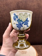 Vintage OTAGIRI Footed Pedestal GOBLET brown drip glaze w/grapes Made in Japan