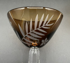 Vintage Art Glass Amber Etched Floral & Leaf Berry Dessert Dish Martini Glass
