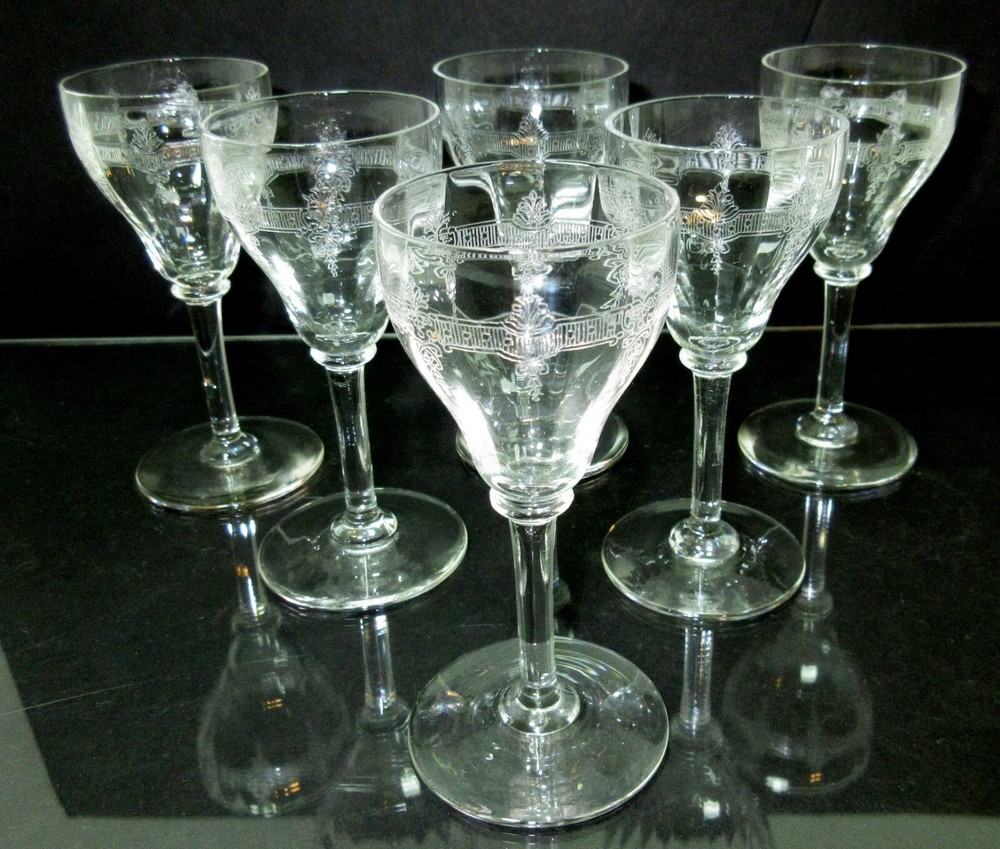 6 Vintage Bryce Crystal Sherry Liquor Cordial Glass Torch Etch # 415 Optic Bowl