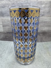 Vintage Culver Tivoli High Ball Glass Blue Enamel Dots Gold 5.5″ Tall