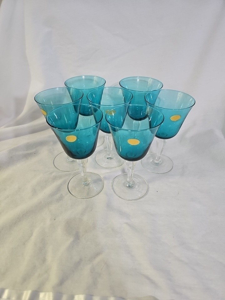 7 Vtg Cocktail Glasses Blue With Clear Stem made in Italy 5″