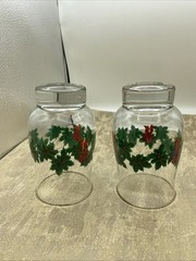 2 Vintage Libbey Christmas Tumbler Glasses Holiday Holly And Berry With Gold Rim