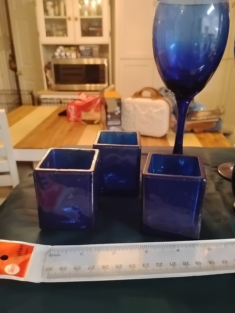 Lot Of Cobalt Blue Wine Glasses Candle Holders And Cordial Shot Glasses.