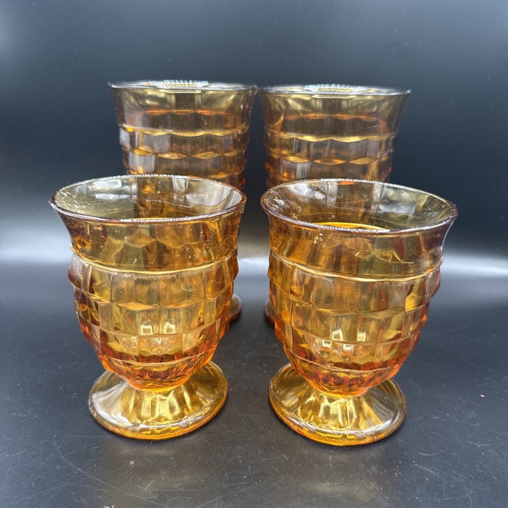 Vtg Indiana Whitehall ColonyAmber Cubist Iced Tea & Juice Glasses – Set of 4