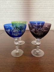 STUNNING SET(4) VTG Multicolored Cut To Clear Grape & Star Pattern Glasses 6.5″H