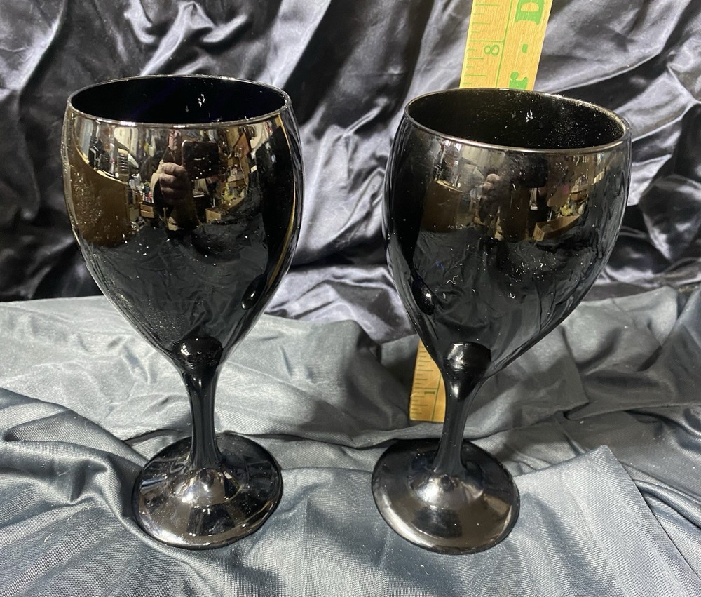 Lot 2 Vtg Libbey Glass Black Amethyst Wine Water Stem Goblets 12 Oz