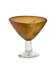 Vintage Art Glass Amber Etched Floral & Leaf Berry Dessert Dish Martini Glass