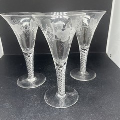 3 Georgian Style Wine Glasses Air Twist Stems 6.25”h