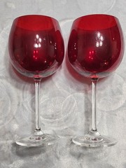 2 Lenox Ruby Red Balloon Wine Glasses Clear Stem & Base 8.75″
