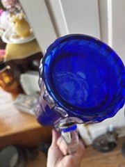 Vintage Bohemian Czech Cobalt Blue Cut to Clear Glass Pitcher and 6 Tumbler Set