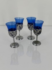 Vintage Cobalt Blue Cordial Wine Glasses Set of 4 Pewter Dragon Stem Goblets
