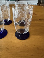 Weston Cobalt Blue Footed Water Glasses Etched Floral Set 6-Vtg-Excellent-5×2.5