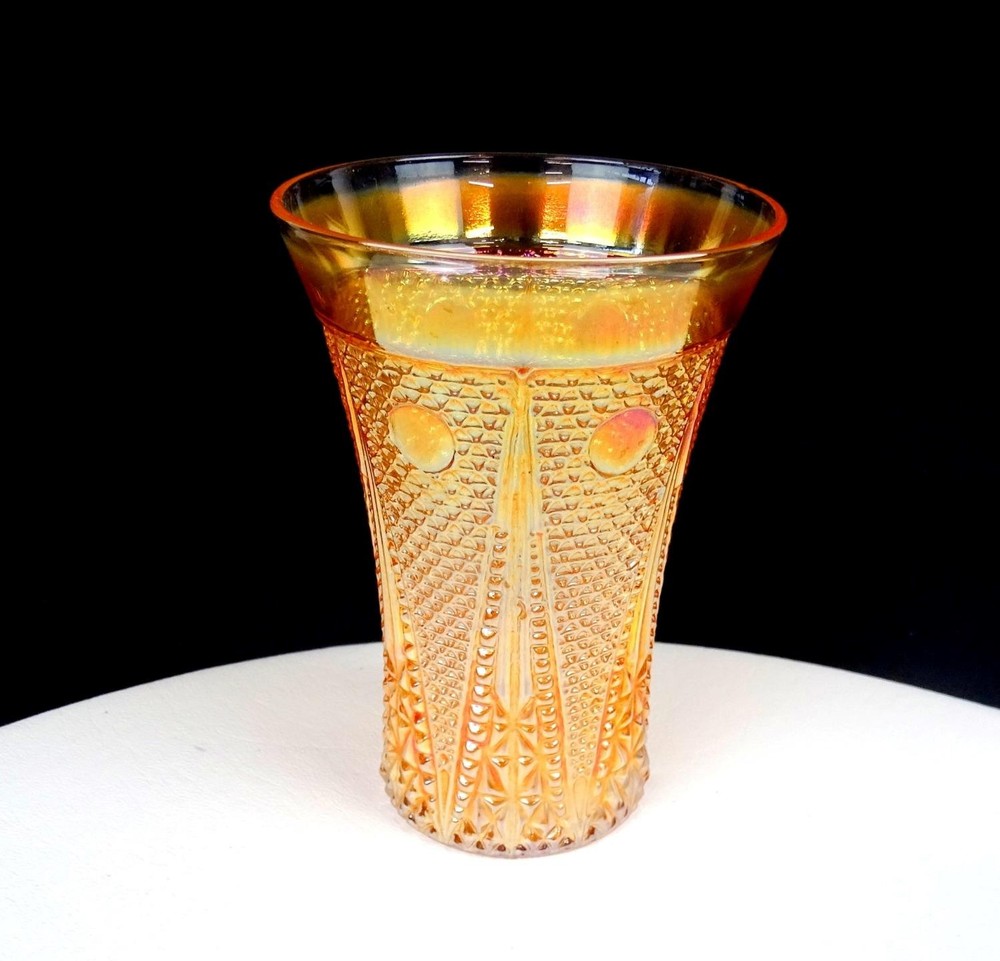 Jain Carnival Glass India Marigold Beaded Spears Variant 4 5/8″ Flared Tumbler