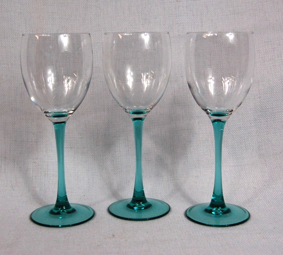 Luminarc Turquoise Teal Aqua Stem Claret Wine Glasses Made In France Set of 3