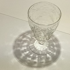 4 VTG etched footed juice glasses Clear wheat cut fern & flowers Rock Sharpe?