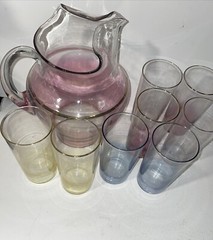 Vintage 1960 Pitcher And 8 Different Color Glasses. 2yellow 2blue 2pink &2grey