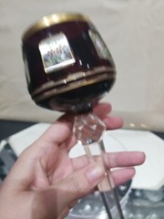 Wine Glass Hock Goblet Bohemian Red Cut to clear Crystal cabochon roses enamel