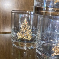 MCM Embossed Brass/Gold Christmas Pine Tree Emblem Old Fashioned Glass Lowball
