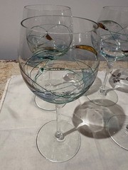 Set of 4 Contemporary Art Glass Wine Goblets. Hand-decorated with applied green