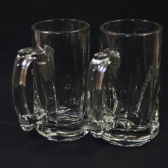 Libbey Clear Glass 2 Mugs Golf Theme Pewter Medallion 12 Ounces 5 7/8″ Tall HTF