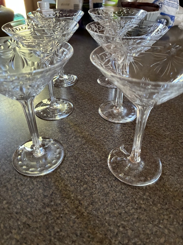 VTG Etched Crystal Coupe Champagne or Martini Glasses Set of 6 MINT COND