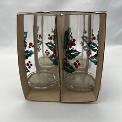 Vintage Set of 4 ~ Crisa Clearly Holly & Berries Glasses 12oz Original Packaging