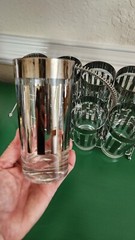 MCM 8 Silver Band Stripe Tumber Barware Glasses W/ Chrome Carrier Mid Century