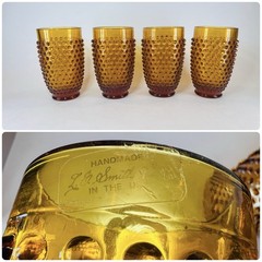 Vintage L E Smith Glass Hobnail Amber 14 oz. Flat Tumblers, 5.5” Tall – Set of 4