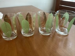 Four Vintage MCM Gold And Green Leaf Low Ball Rocks Glasses