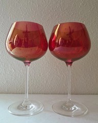 Vintage Ruby Red Balloon Wine Glasses Clear Stem Goblets Set of 2 Christmas MCM
