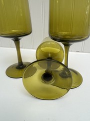 Vintage MCM Olive Green Stemmed Wine Glasses Set of 5