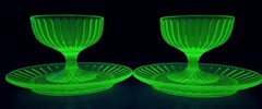 Hazel Atlas Green Ribbon New Century Sherbet Glasses w Plates Set of 2