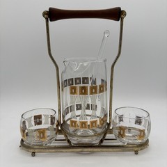 Vintage Mid-Century Modern Fred Press Glass Cocktail Caddy Set Sun Block Pattern