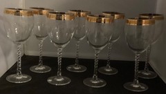 8 Vintage CRISTAL D’ARQUES-DURAND Water Goblet with Twisted Stem /Gold Band