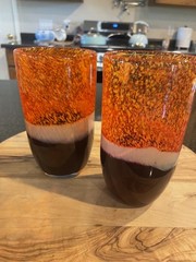 Pier 1 Tumblers Blown Glass Tri-Color Orange Speckle Brown 16oz, set of 2, EUC