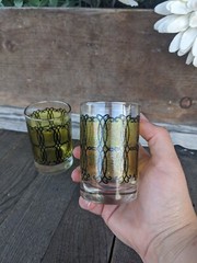 Vintage MCM Libbey Yellow Splatter w/ Black Scroll 6oz Juice Glasses (2)