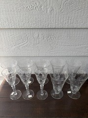 10 Vintage Etched Glass Goblets Floral Pattern Mixed Stemware Lot