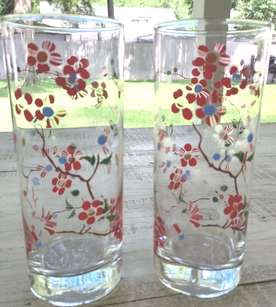 2 Ocean Thailand Red White Blue Flower Cherry Blossom Poppy Highball Glass VTG