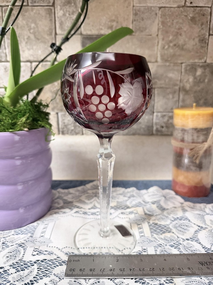Godinger Ruby Red Cut Crystal Wine Glass Grapes Floral Tall Stemware Romania