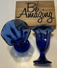 2 Anchor Hocking Cobalt Blue Fountain Ware Sundae Scallop Goblets Glasses Sale!!