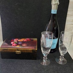 Short Etched Champagne Flutes Button Base in VTG Hinged Plastic Decoupage Box